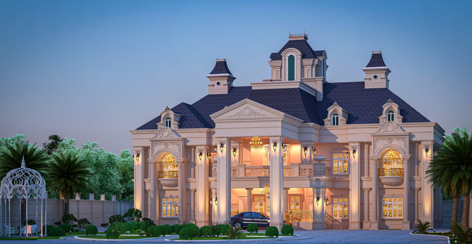 Afreedi Residence — grand classical elevation illuminated at dusk