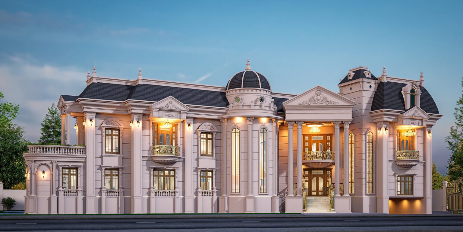 Akshaya Residence, Chennai — classical mansion elevation lit at dusk