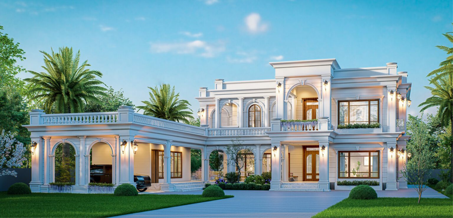 Babu Residence, Kannur — white classical villa elevation in daylight
