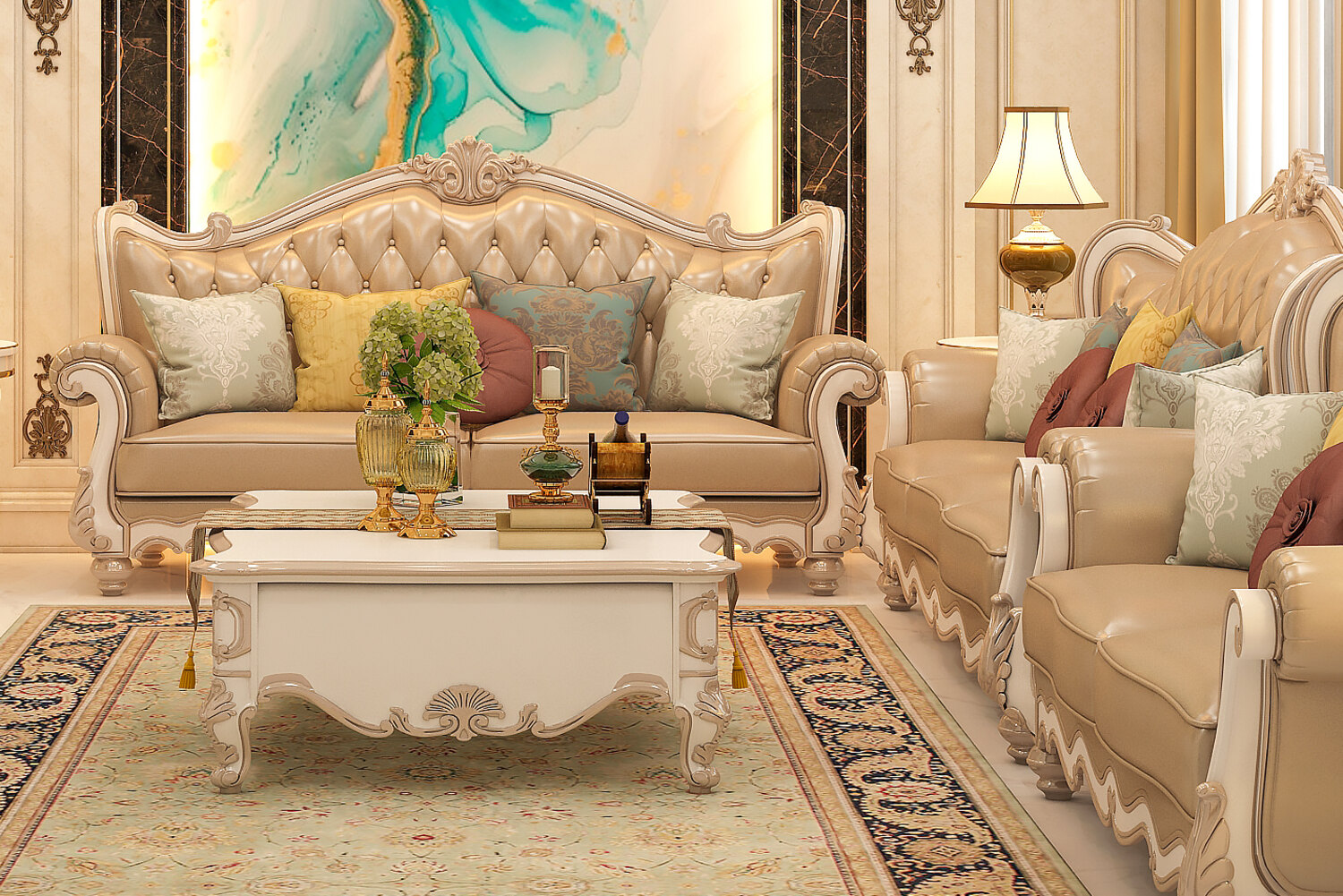 Carved classical sofa with tufted upholstery, silk cushions and a hand knotted rug