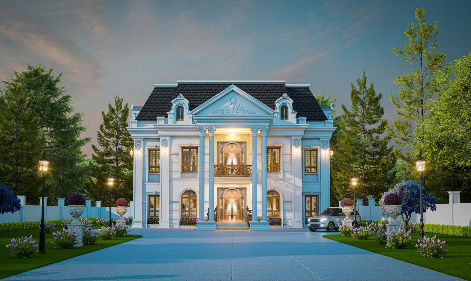 Colonial style residence with white columns in daylight