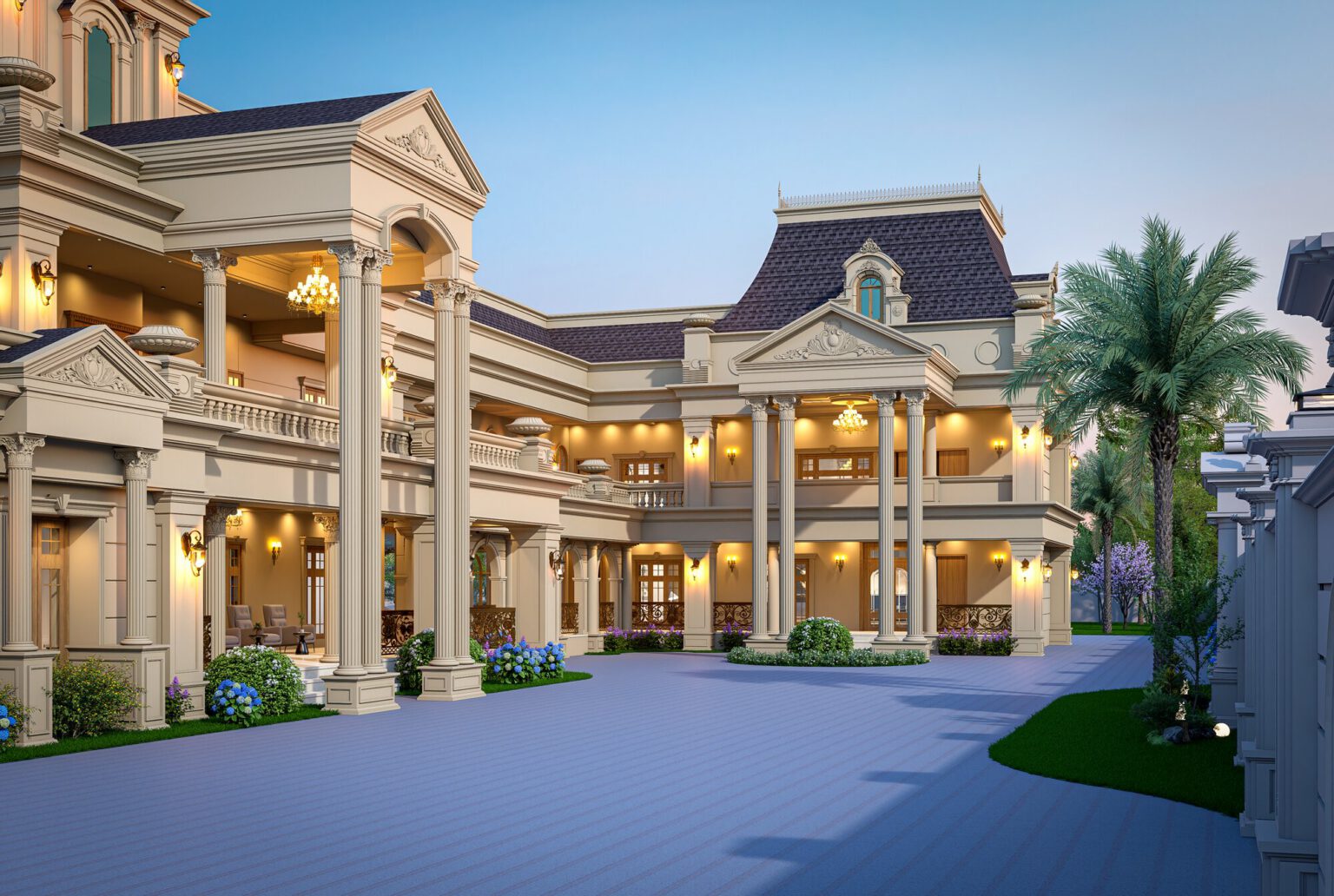 Grand columned entrance porch of a classical residence at dusk