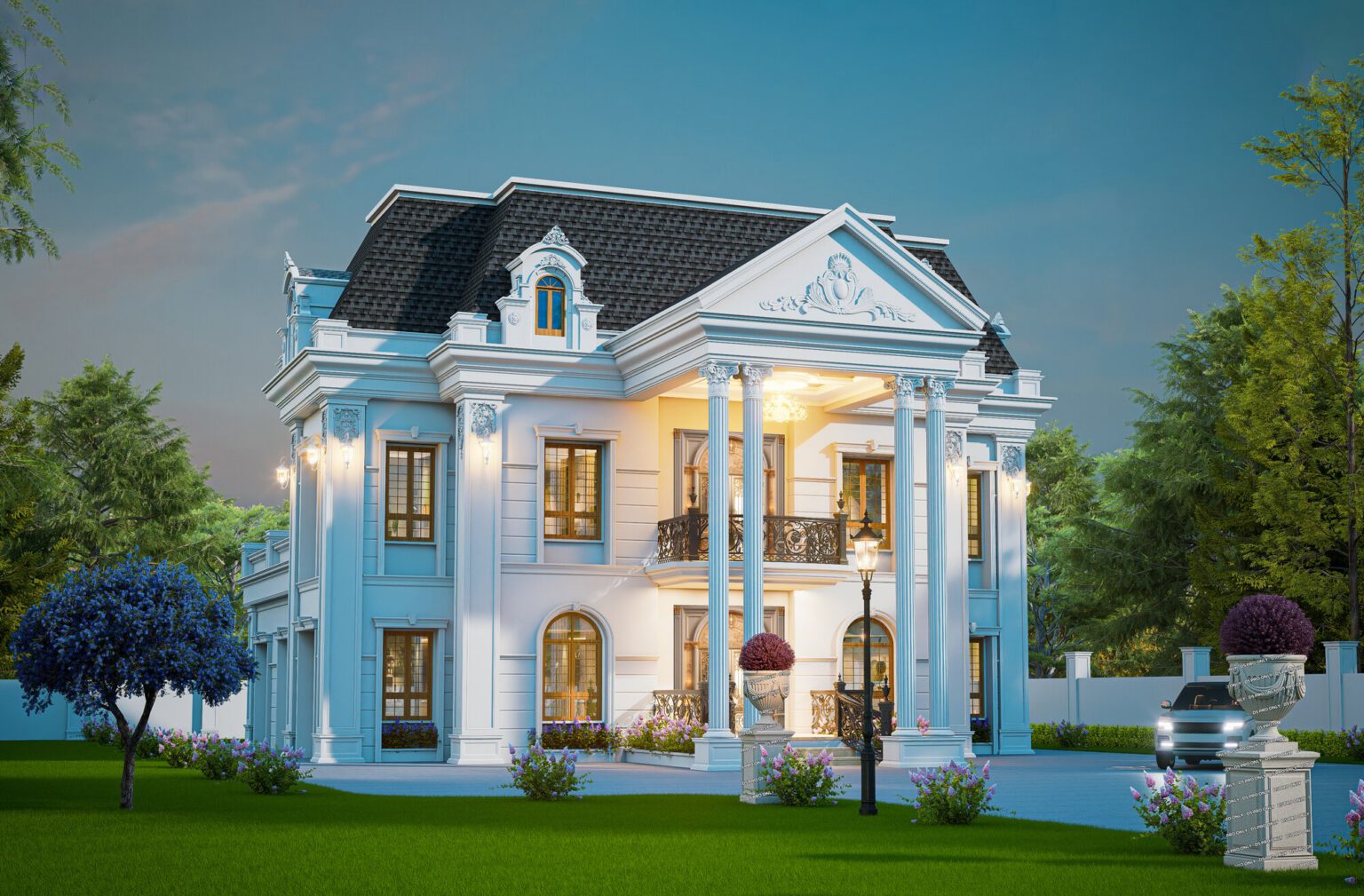 Classical residence with white cornices and a blue tiled roof