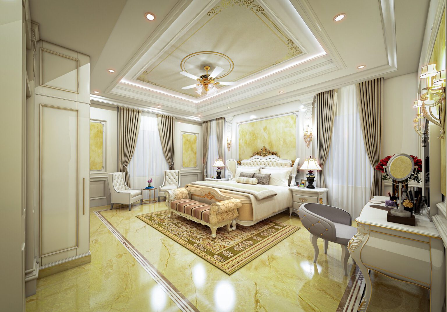 Master bedroom with a domed ceiling detail and a dressing area