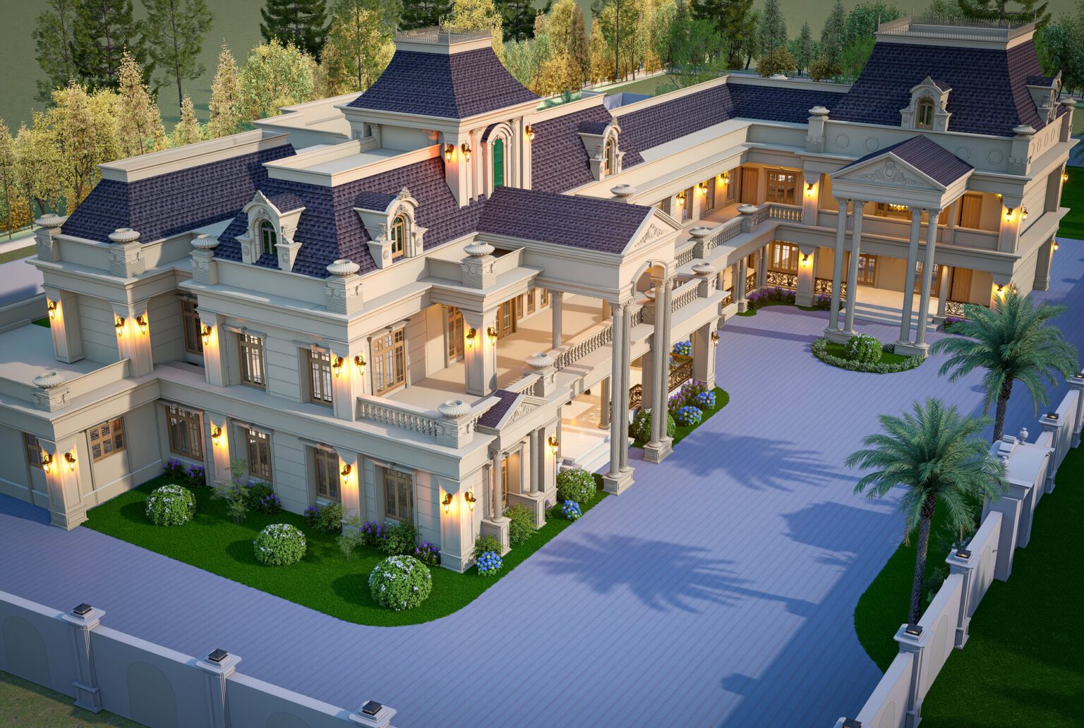 Aerial view of a classical villa and its walled compound at dusk