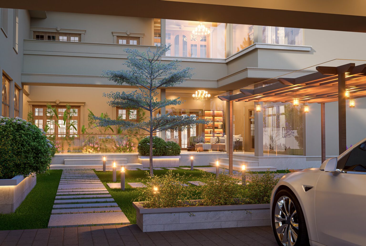 Landscaped entrance courtyard lit at dusk with a covered porch