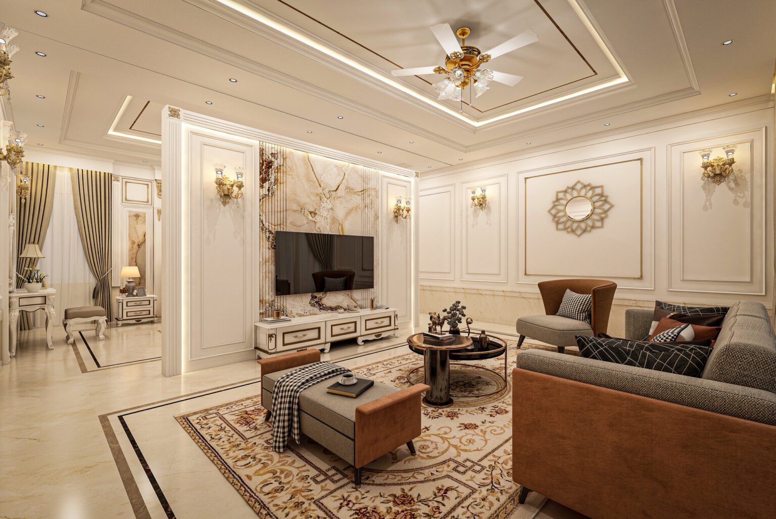 Family living room with brown sofas, a marble feature wall and a television
