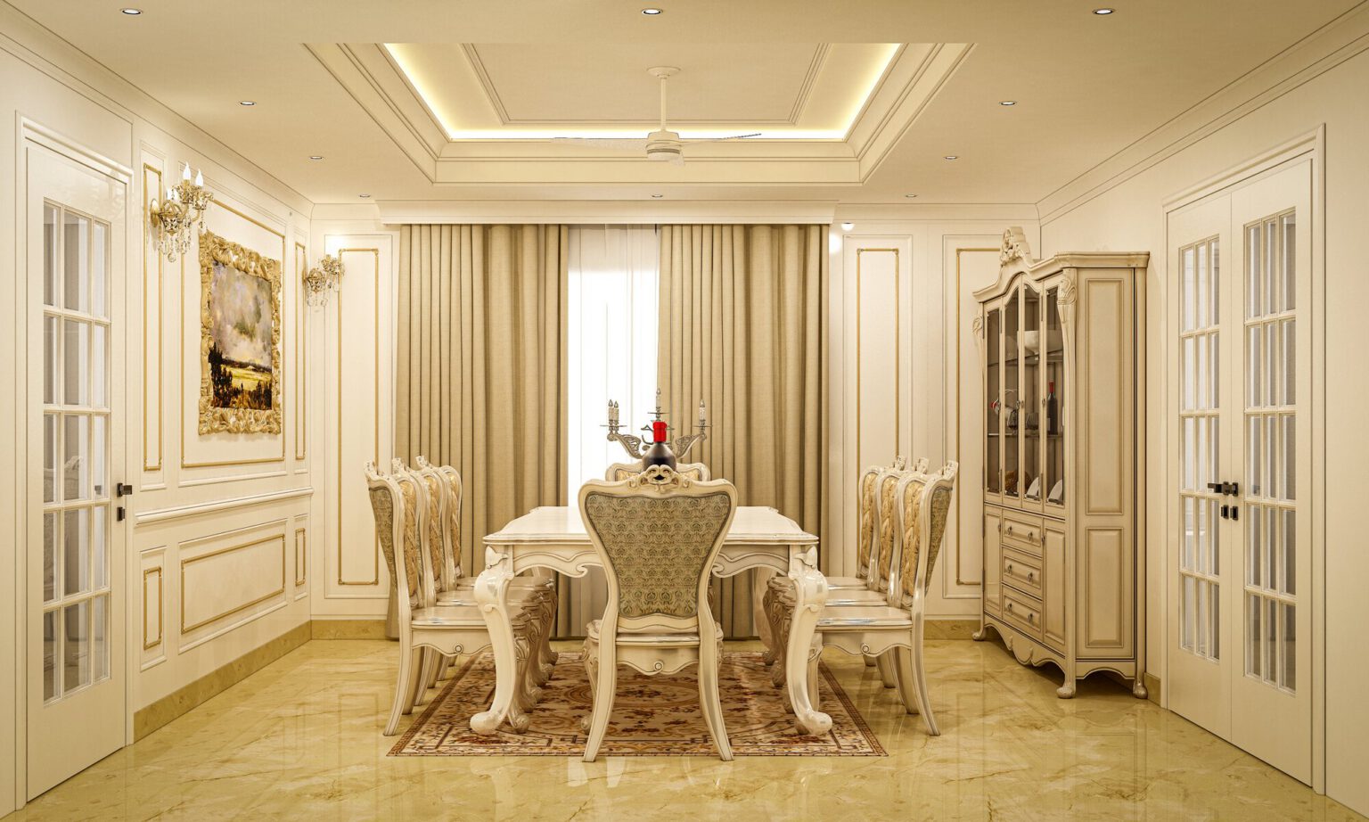 Classical dining room with carved chairs and a panelled ceiling