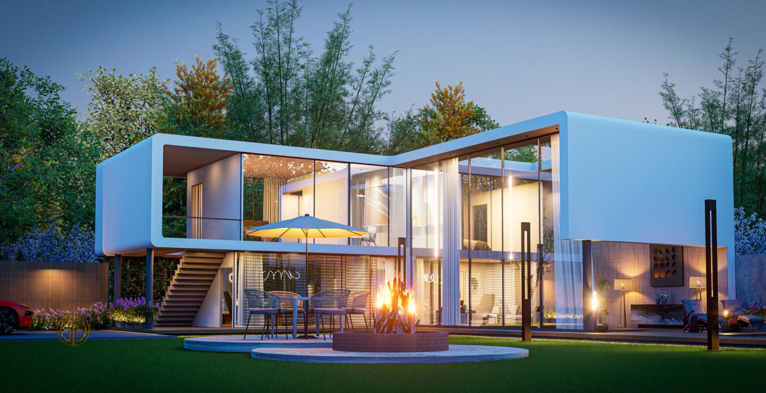 Modern glass pavilion residence lit at dusk