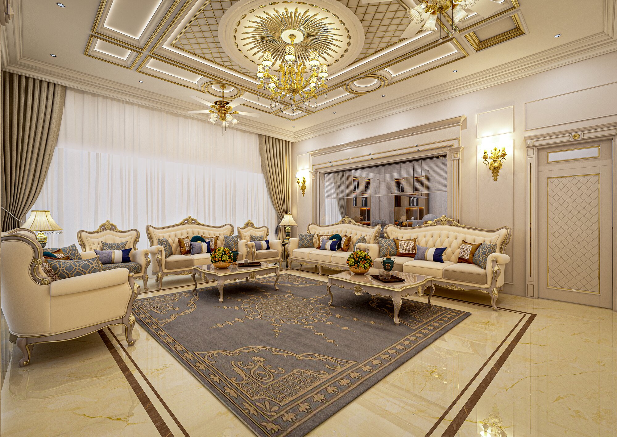 Ibrahim office lounge with paired sofa sets under a decorative chandelier