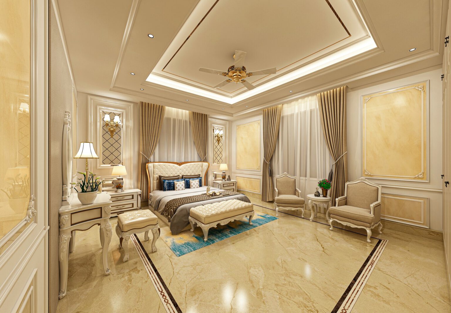Bedroom in ivory and blue with a carved bed and full height curtains