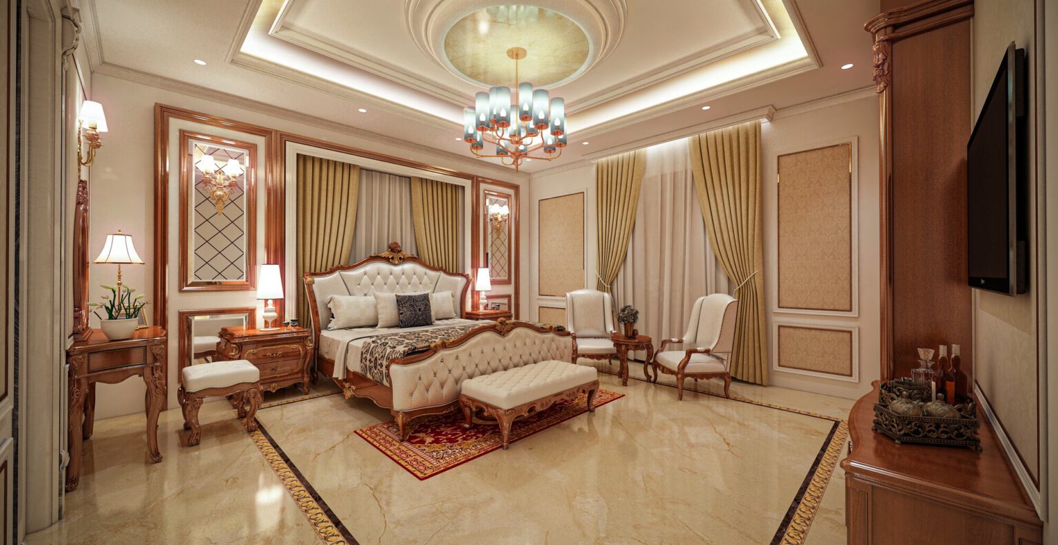 Nizar Villa — first floor bedroom with a carved bed and panelled walls