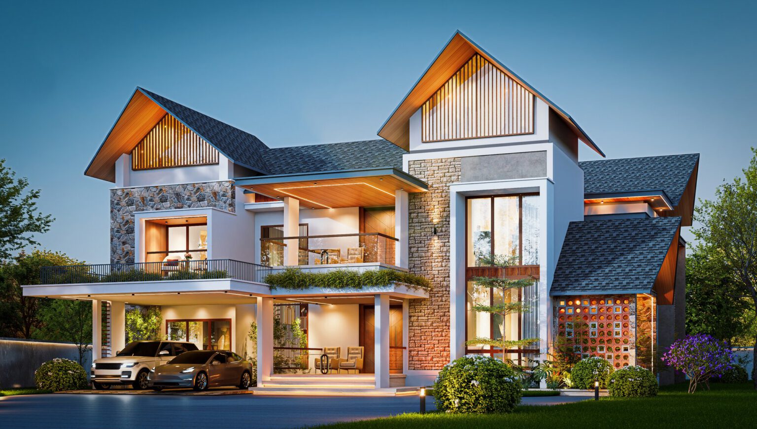 Noushad Residence, Kannur — contemporary gabled elevation reflected in water at dusk