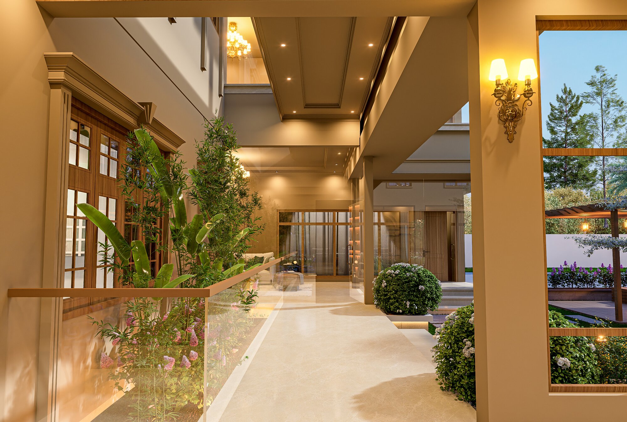 Covered portico corridor with warm lighting and landscaped views