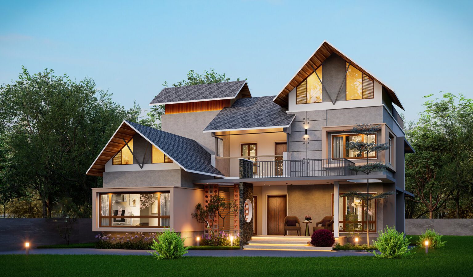 Rahul Residence — contemporary home with gabled roofs and warm lighting