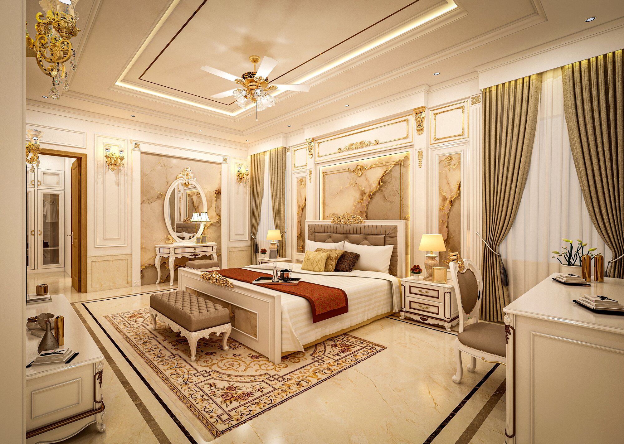 Renovated master bedroom with gold detailing and a dressing area
