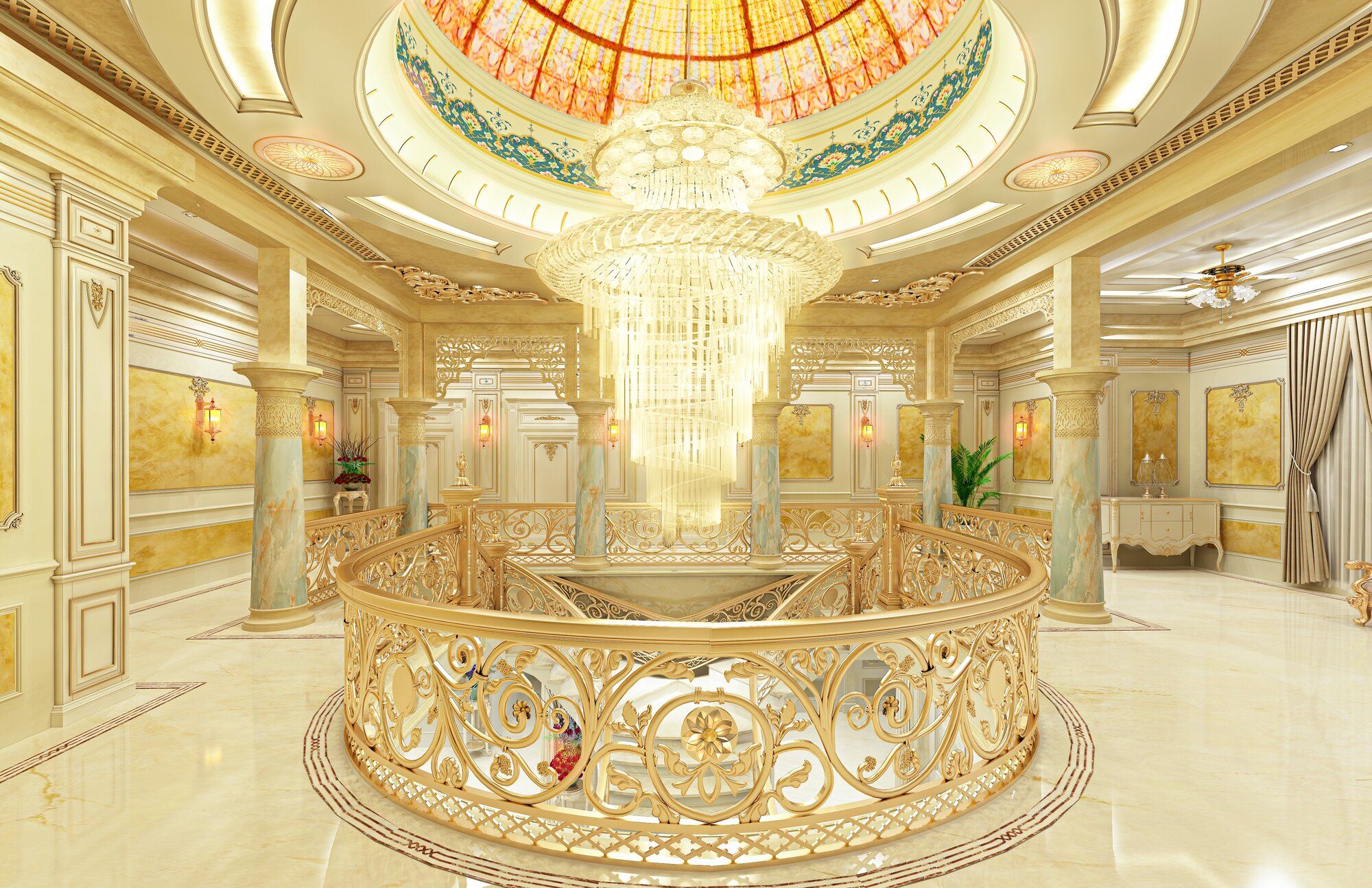 Stair atrium beneath a stained glass dome with a gold balustrade