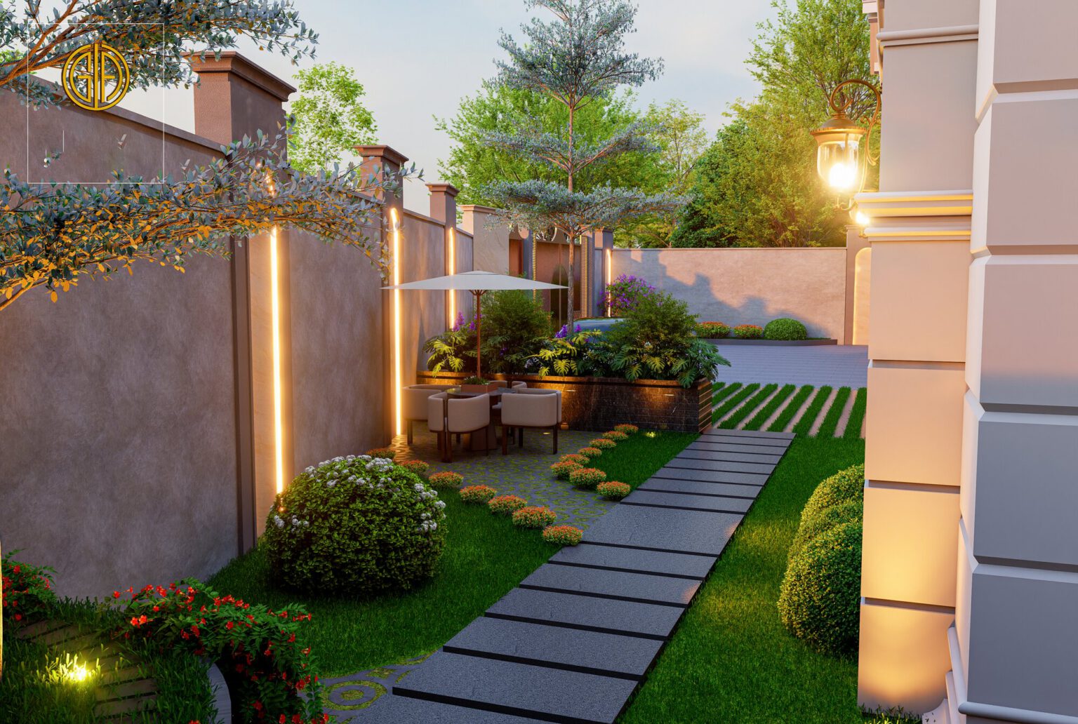 Shareef Residence — lit garden walkway beside the compound wall