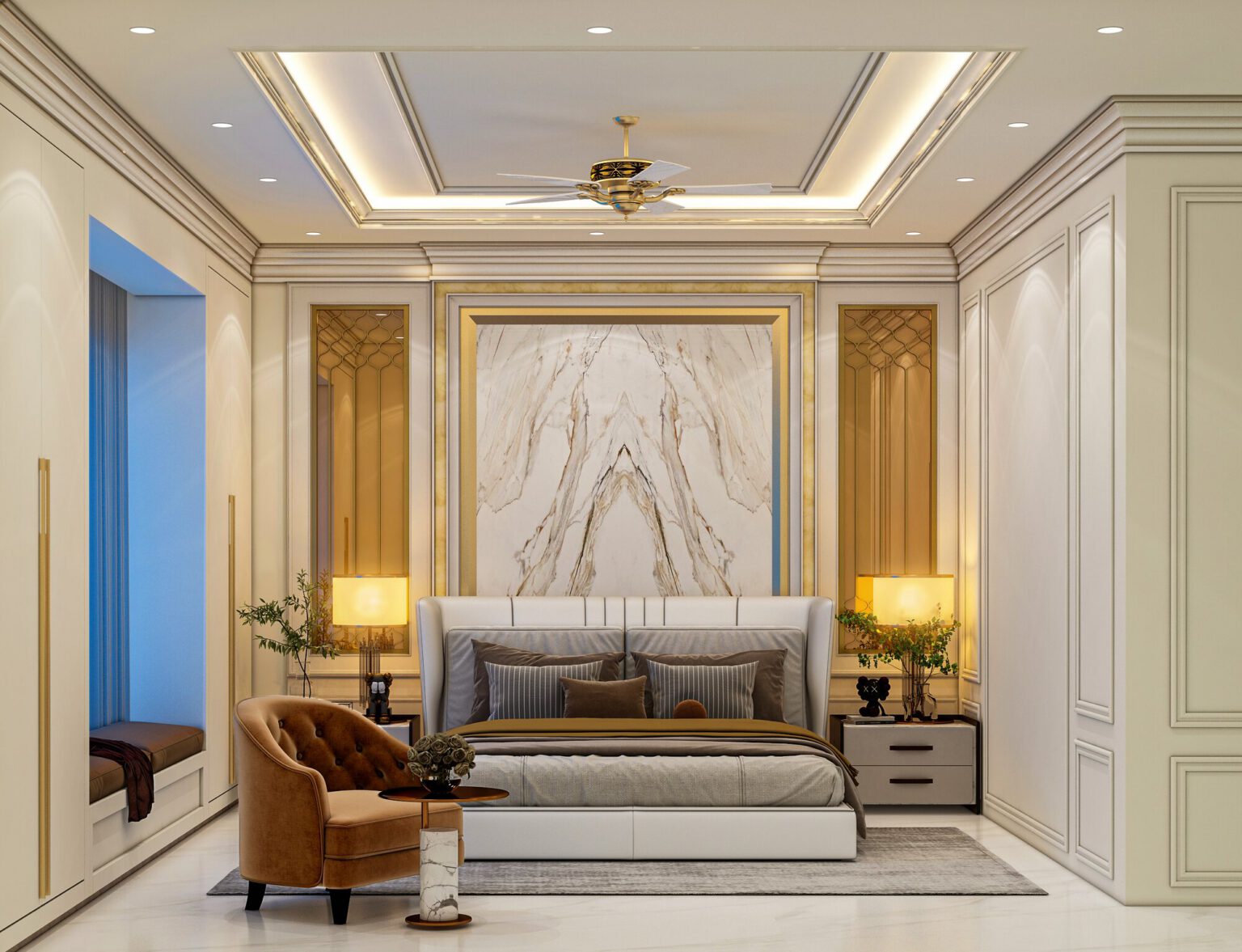 Shareef Residence — guest bedroom with a book matched marble headboard wall