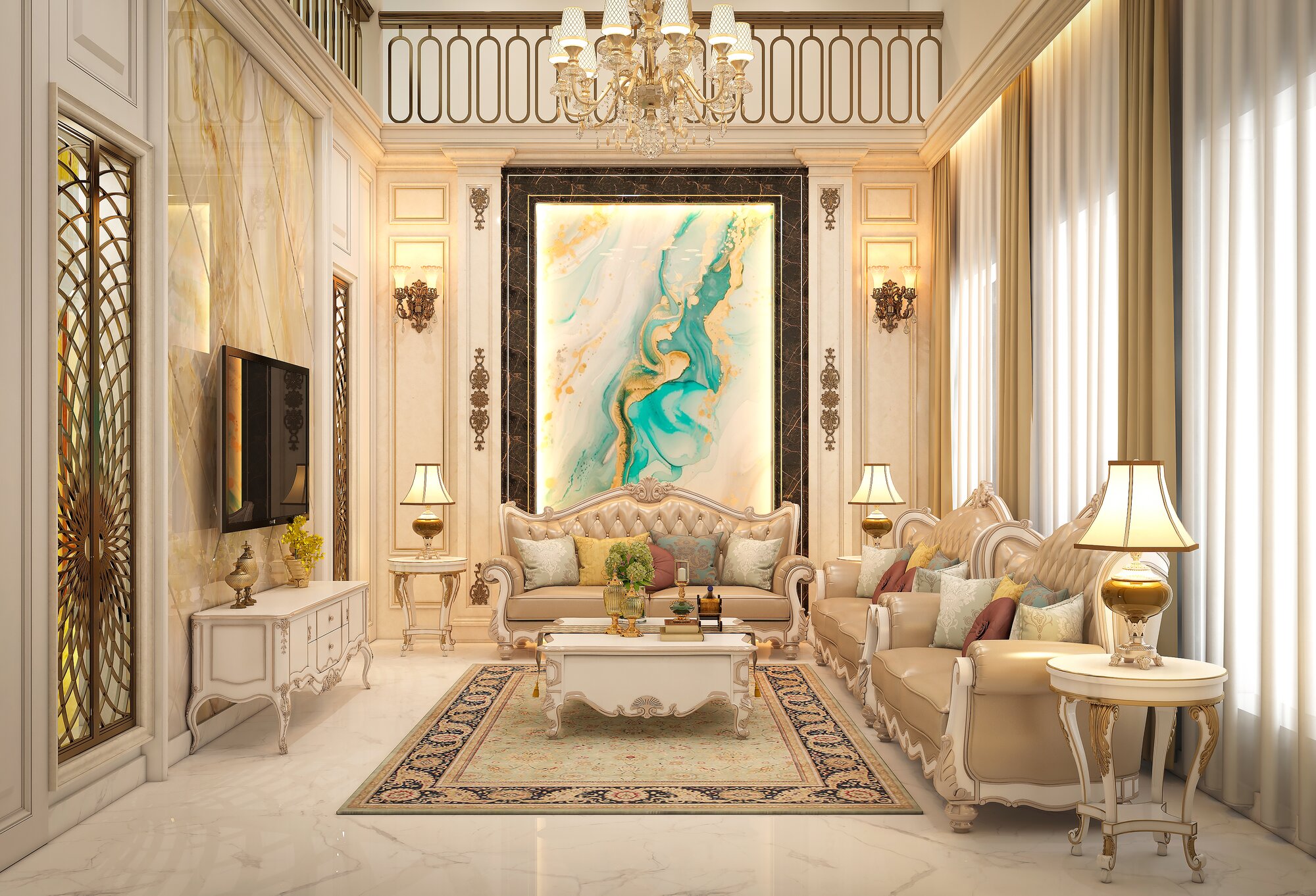 Shareef Residence — formal living room with classical sofas and a framed art panel