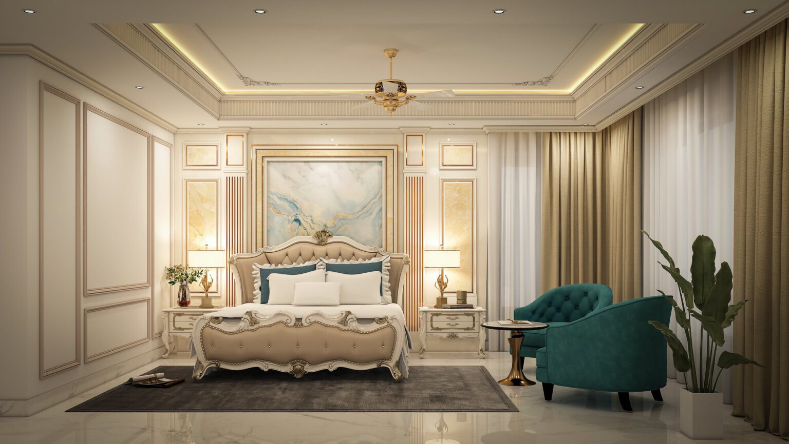 Shareef Residence — master bedroom with a teal armchair and panelled walls