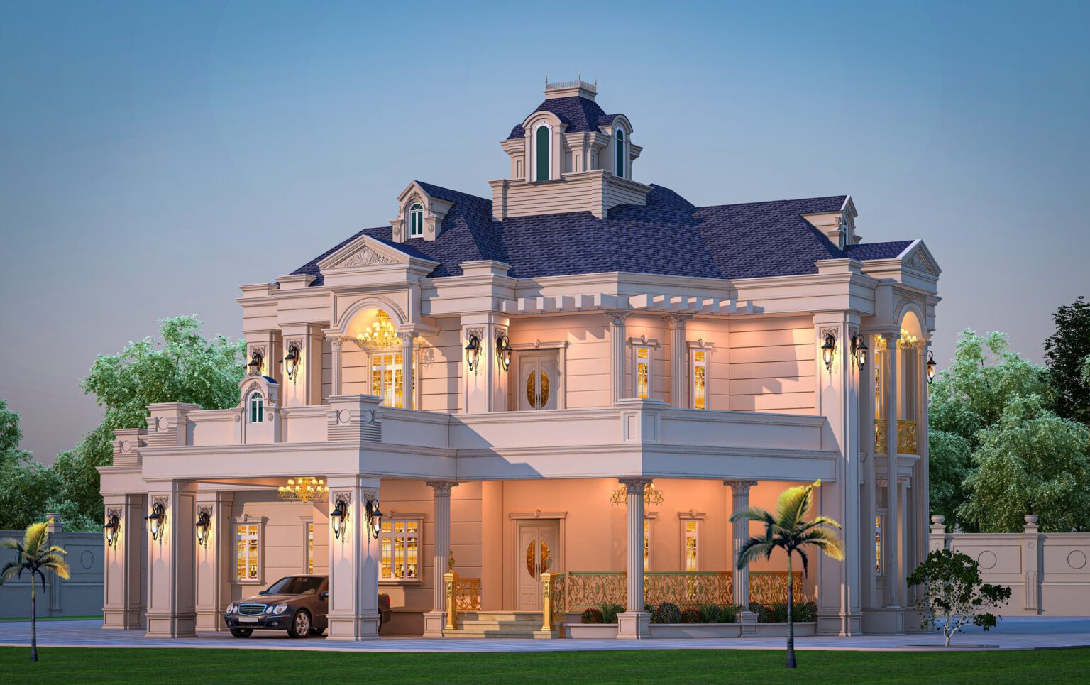 Shihab Residence, Pattambi — classical elevation with a covered entrance porch