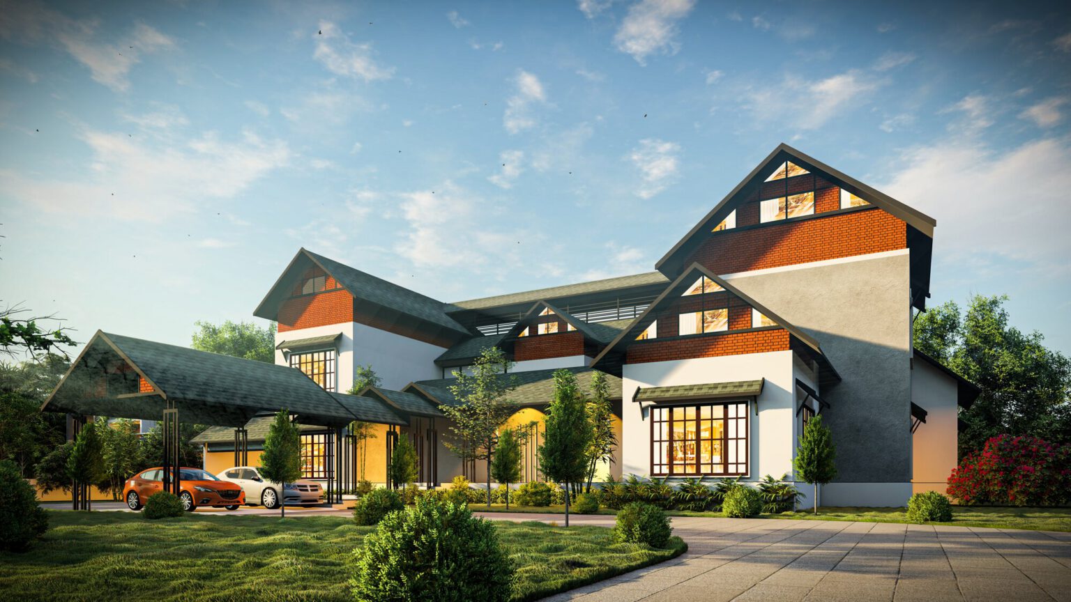 Contemporary residence with sloping slate roofs and a landscaped drive