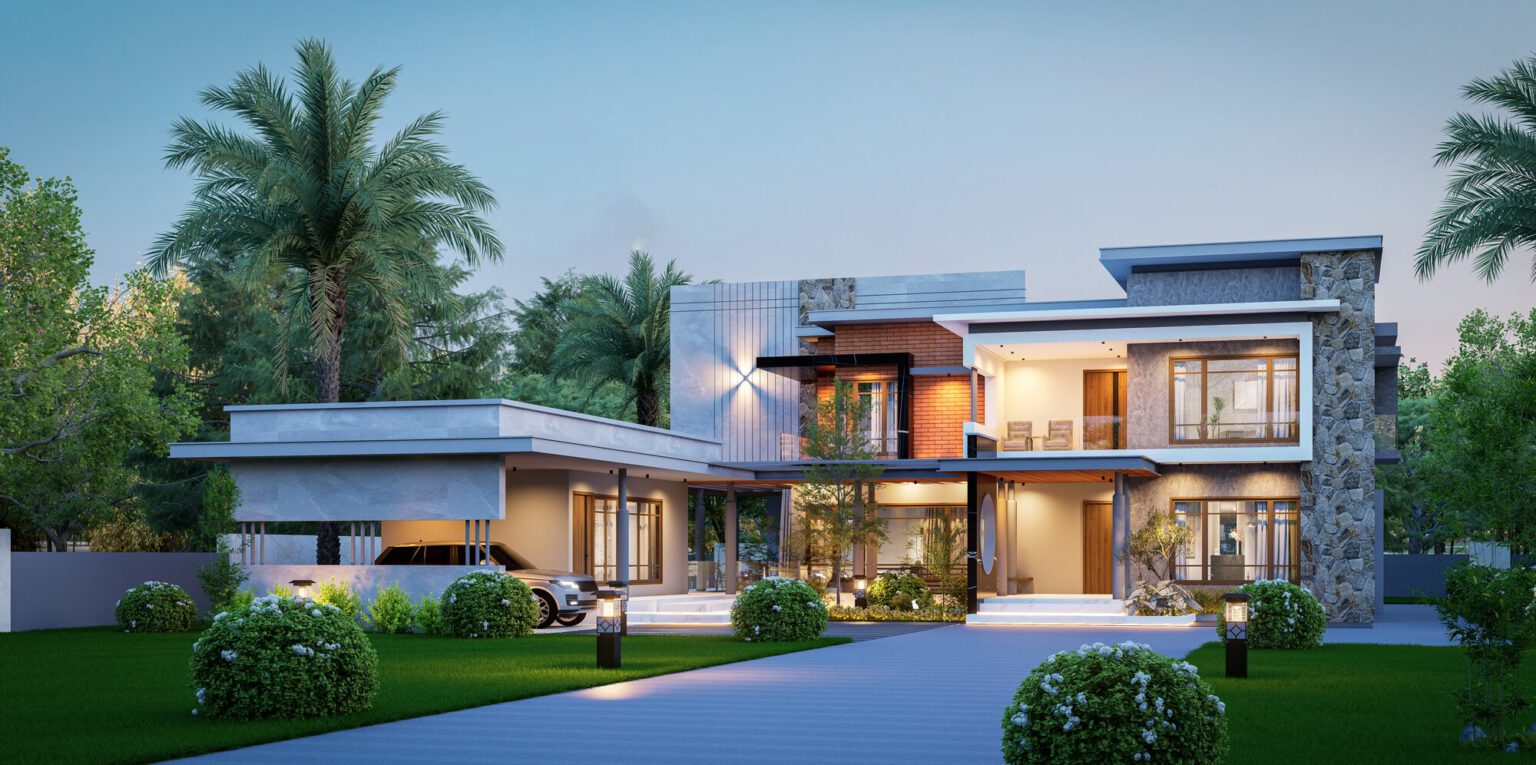 Contemporary stone and timber residence with a flat roof line