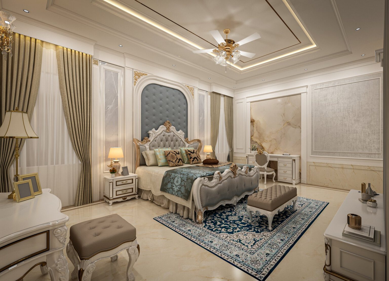 Bedroom with a tufted upholstered headboard and a patterned blue rug