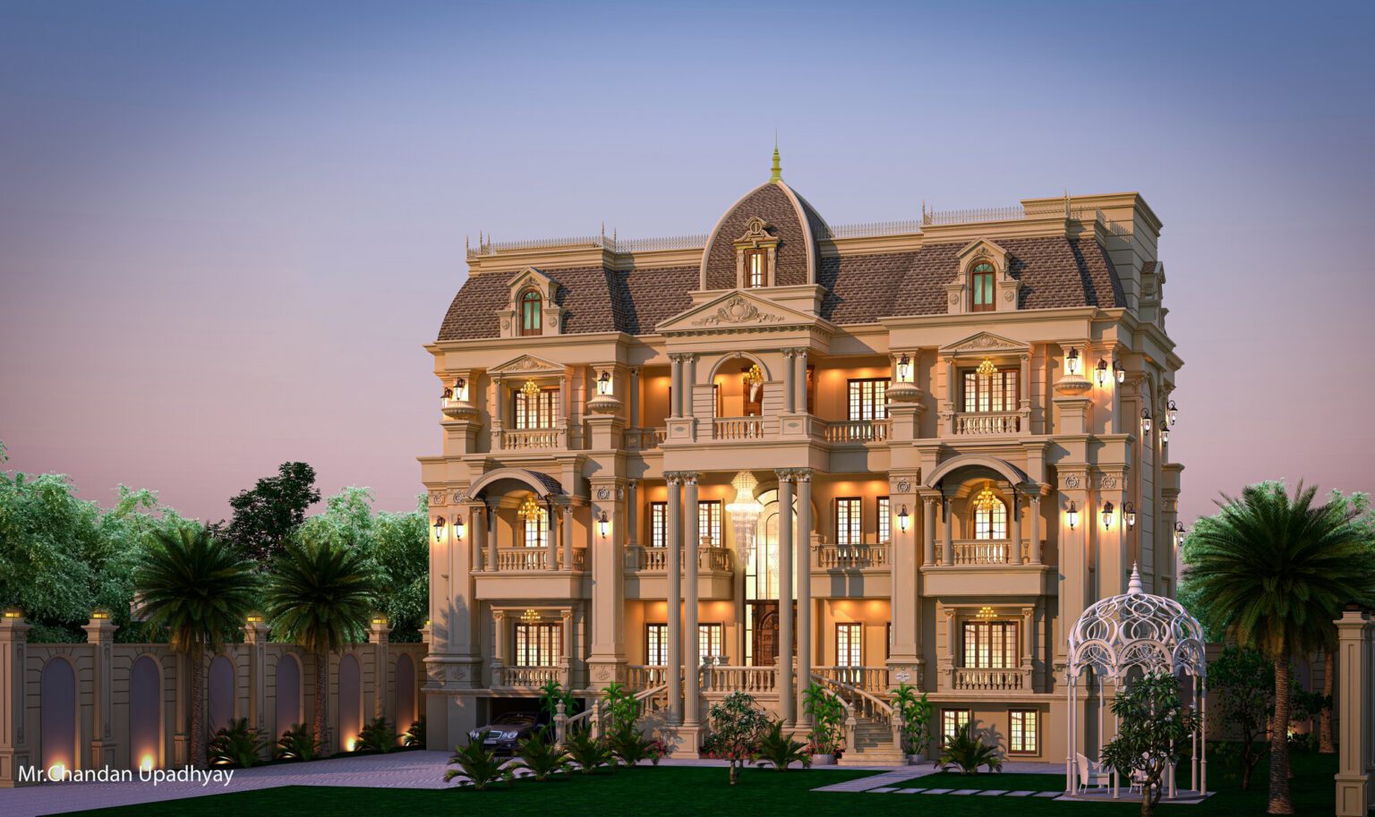 Upadhyay Residence — classical villa elevation framed by palms at dusk