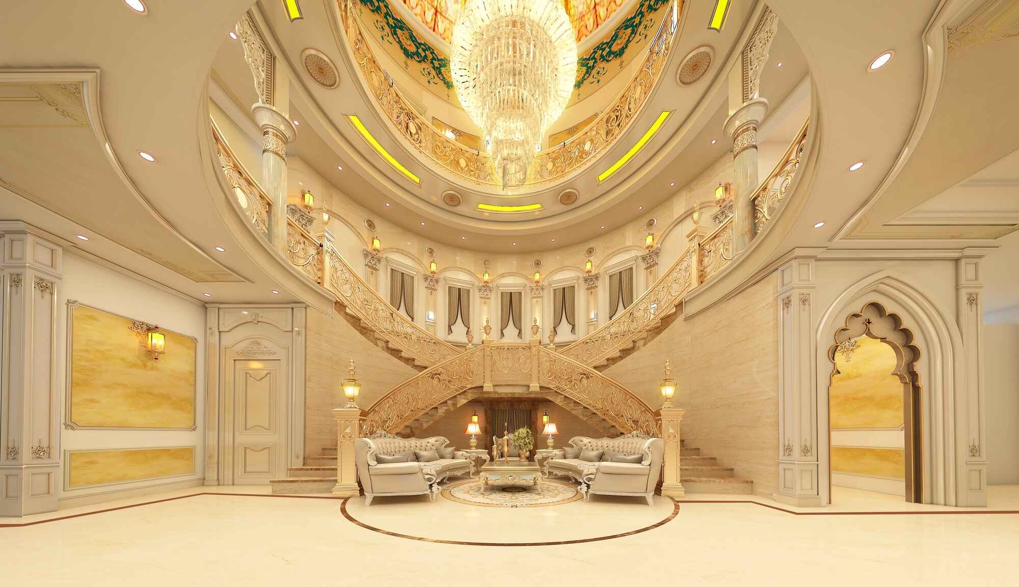 Double height stair atrium with a painted dome and a crystal chandelier