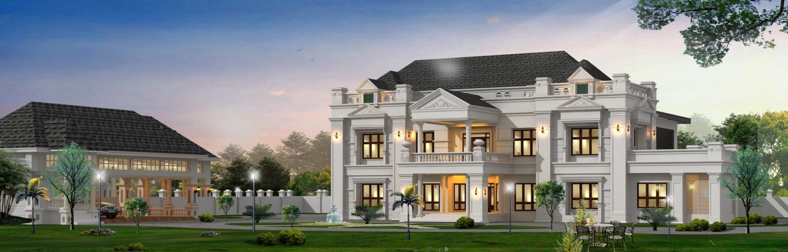 Zakir Residence, Meppayyur — wide classical villa elevation designed by Green Arc